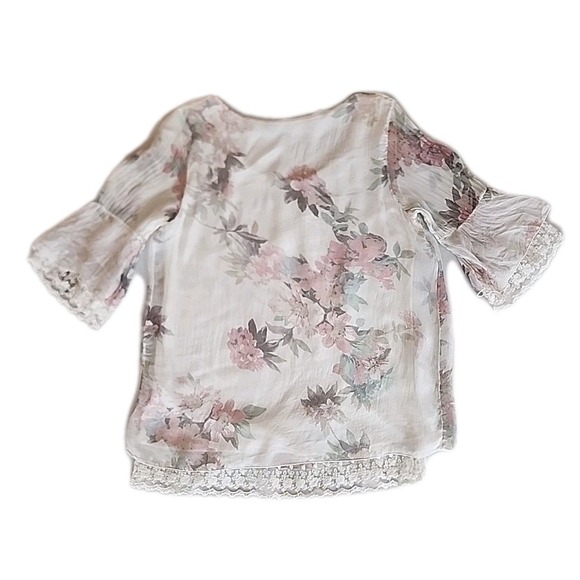 VTG Womens Silk Top S Pastel Pink Floral Bell Sleeve Lined Fairy Soft Cottage - Picture 2 of 12